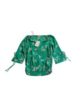 Lily White Green Floral Smocked Hem Blouse With Tie Sleeves Size S Lightweight